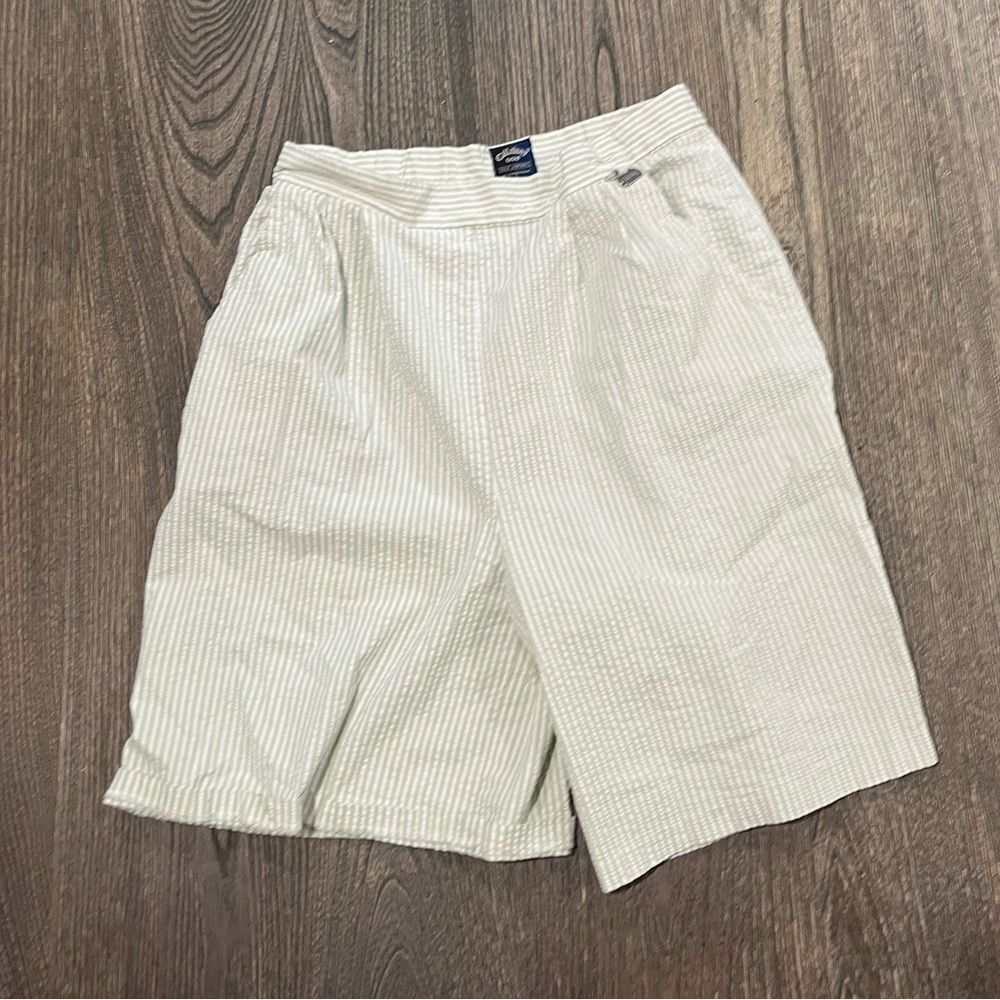 Callaway Golf Seersucker Shorts Striped Pleated Front Wide Leg Green White Large